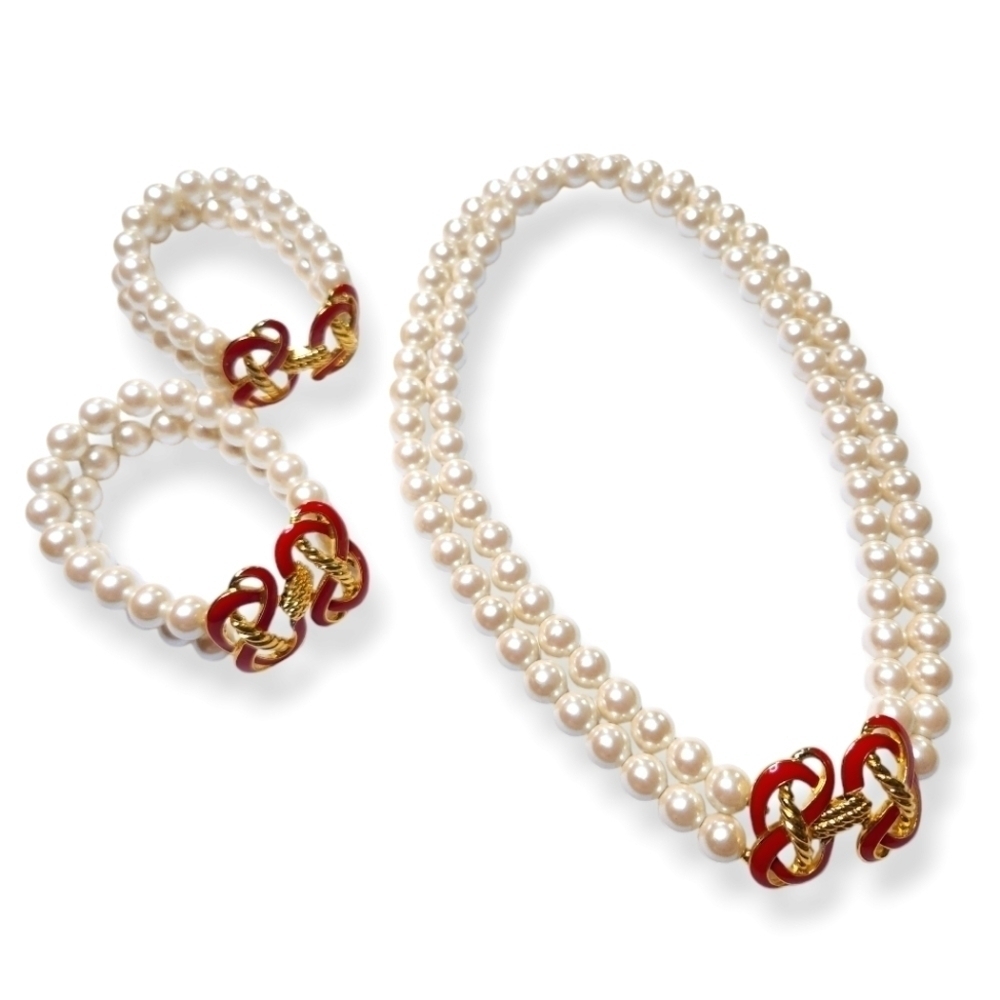Vintage Trifari 3 Piece Pearl Goldtone Red Enamel Necklece and Bracelets.